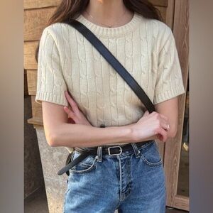 Cream cable knit tee short sleeve sweater